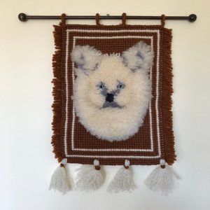 Hand Woven & Latch Hooked Tapestry Wall Hanging Vintage Polar Bear? Dog? 16x24"